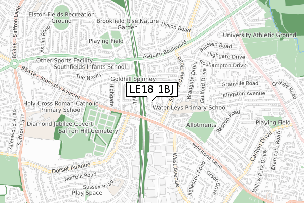 LE18 1BJ map - small scale - OS Open Zoomstack (Ordnance Survey)