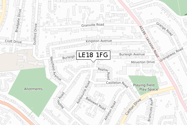 LE18 1FG map - large scale - OS Open Zoomstack (Ordnance Survey)