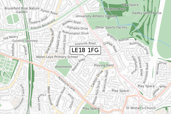 LE18 1FG map - small scale - OS Open Zoomstack (Ordnance Survey)