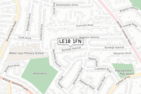 LE18 1FN map - large scale - OS Open Zoomstack (Ordnance Survey)