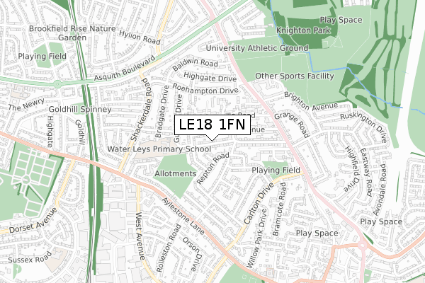 LE18 1FN map - small scale - OS Open Zoomstack (Ordnance Survey)