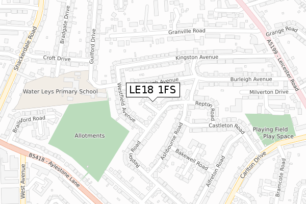 LE18 1FS map - large scale - OS Open Zoomstack (Ordnance Survey)