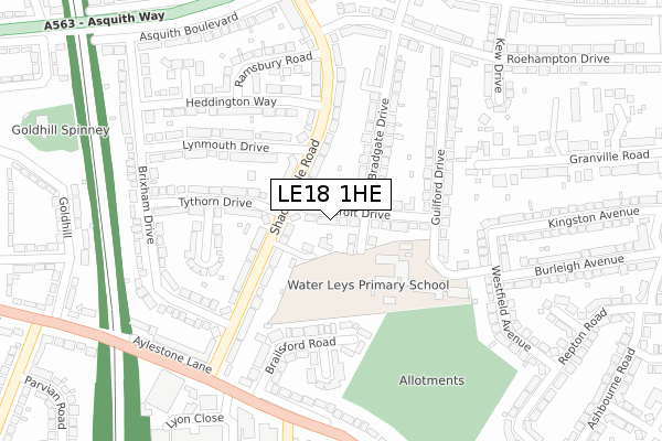 LE18 1HE map - large scale - OS Open Zoomstack (Ordnance Survey)