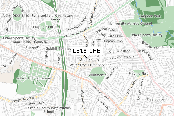 LE18 1HE map - small scale - OS Open Zoomstack (Ordnance Survey)