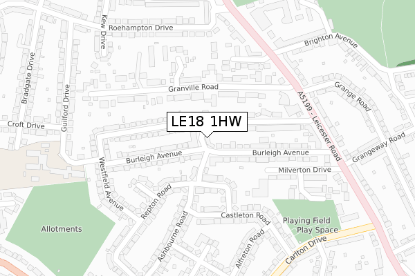 LE18 1HW map - large scale - OS Open Zoomstack (Ordnance Survey)