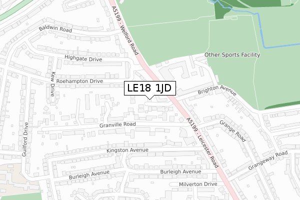 LE18 1JD map - large scale - OS Open Zoomstack (Ordnance Survey)