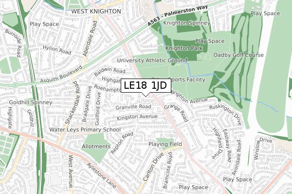 LE18 1JD map - small scale - OS Open Zoomstack (Ordnance Survey)