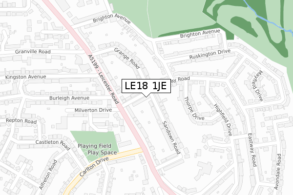 LE18 1JE map - large scale - OS Open Zoomstack (Ordnance Survey)