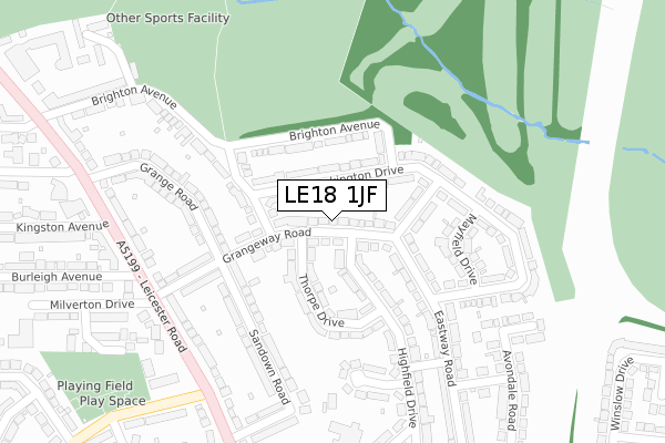 LE18 1JF map - large scale - OS Open Zoomstack (Ordnance Survey)