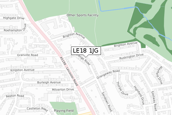 LE18 1JG map - large scale - OS Open Zoomstack (Ordnance Survey)
