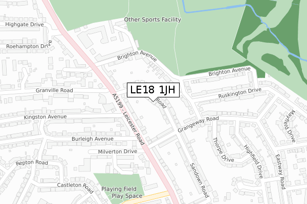 LE18 1JH map - large scale - OS Open Zoomstack (Ordnance Survey)