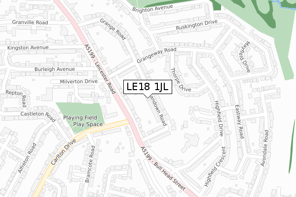 LE18 1JL map - large scale - OS Open Zoomstack (Ordnance Survey)