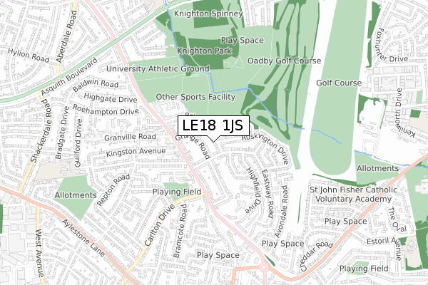 LE18 1JS map - small scale - OS Open Zoomstack (Ordnance Survey)