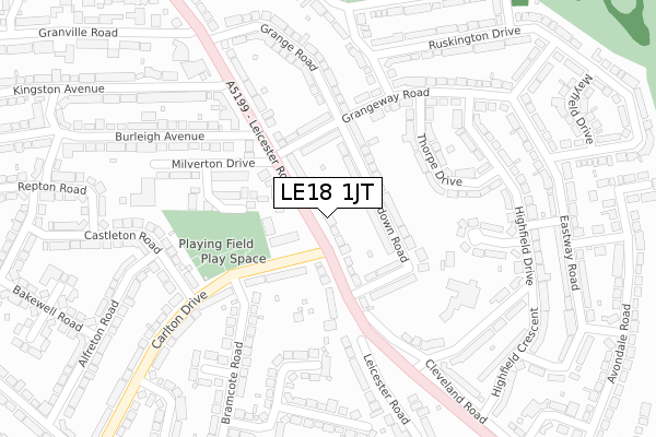 LE18 1JT map - large scale - OS Open Zoomstack (Ordnance Survey)