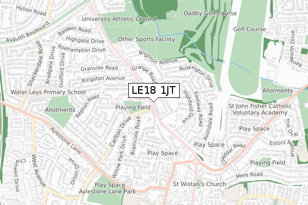 LE18 1JT map - small scale - OS Open Zoomstack (Ordnance Survey)