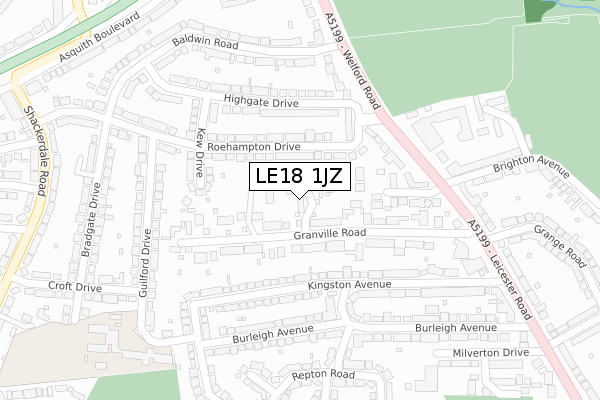 LE18 1JZ map - large scale - OS Open Zoomstack (Ordnance Survey)