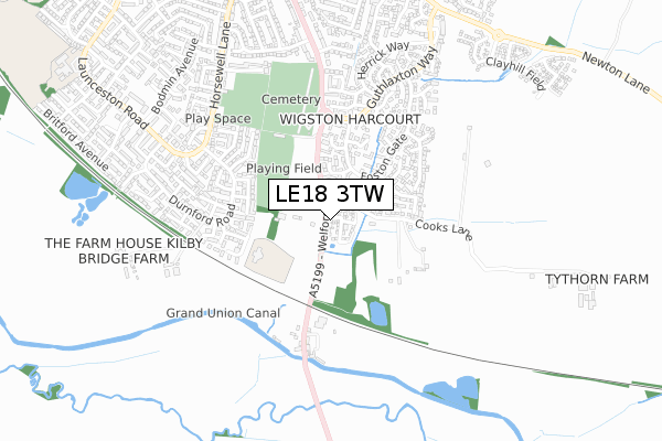 LE18 3TW map - small scale - OS Open Zoomstack (Ordnance Survey)
