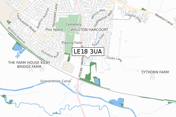 LE18 3UA map - small scale - OS Open Zoomstack (Ordnance Survey)