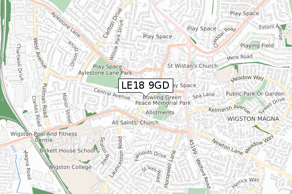 LE18 9GD map - small scale - OS Open Zoomstack (Ordnance Survey)