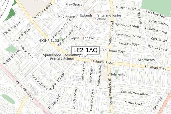 LE2 1AQ map - large scale - OS Open Zoomstack (Ordnance Survey)