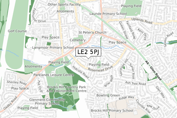 LE2 5PJ map - small scale - OS Open Zoomstack (Ordnance Survey)