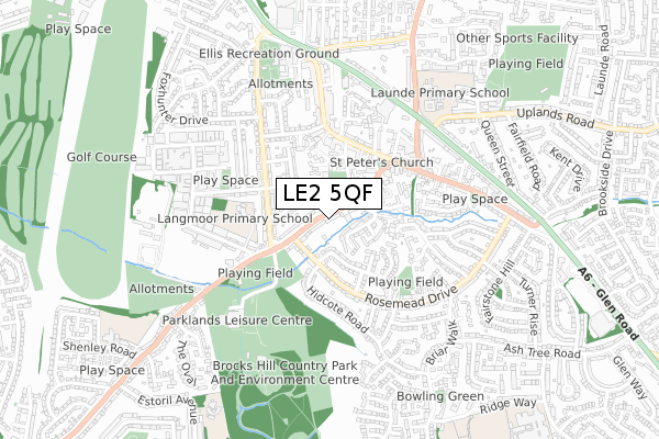 LE2 5QF map - small scale - OS Open Zoomstack (Ordnance Survey)