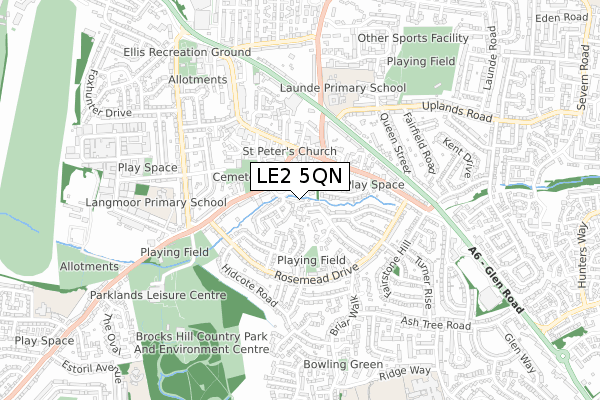 LE2 5QN map - small scale - OS Open Zoomstack (Ordnance Survey)