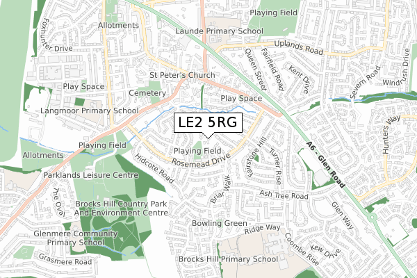 LE2 5RG map - small scale - OS Open Zoomstack (Ordnance Survey)