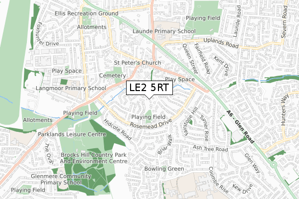 LE2 5RT map - small scale - OS Open Zoomstack (Ordnance Survey)