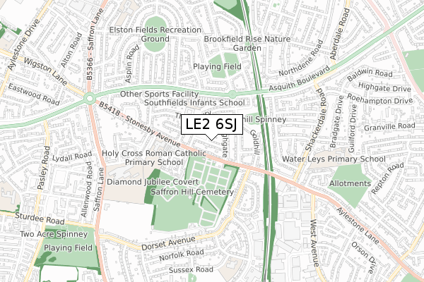LE2 6SJ map - small scale - OS Open Zoomstack (Ordnance Survey)