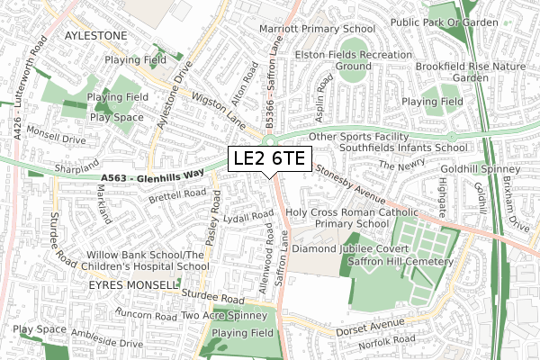 LE2 6TE map - small scale - OS Open Zoomstack (Ordnance Survey)