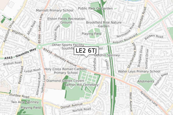 LE2 6TJ map - small scale - OS Open Zoomstack (Ordnance Survey)