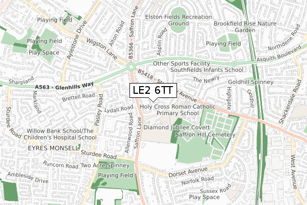 LE2 6TT map - small scale - OS Open Zoomstack (Ordnance Survey)