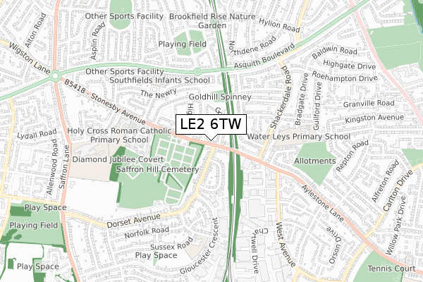 LE2 6TW map - small scale - OS Open Zoomstack (Ordnance Survey)