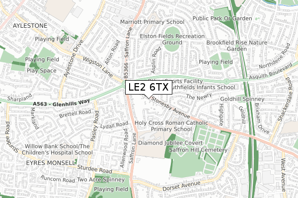LE2 6TX map - small scale - OS Open Zoomstack (Ordnance Survey)