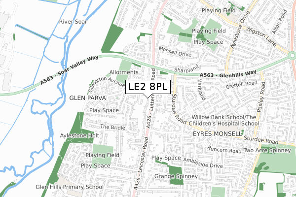 LE2 8PL map - small scale - OS Open Zoomstack (Ordnance Survey)