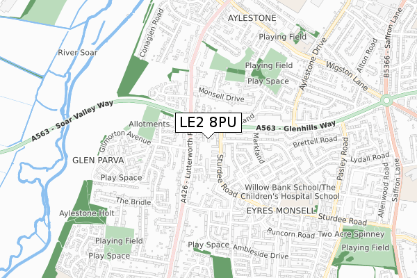 LE2 8PU map - small scale - OS Open Zoomstack (Ordnance Survey)