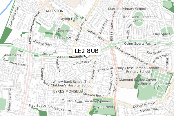 LE2 8UB map - small scale - OS Open Zoomstack (Ordnance Survey)
