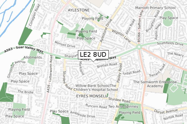 LE2 8UD map - small scale - OS Open Zoomstack (Ordnance Survey)