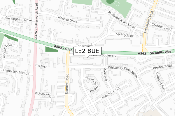 LE2 8UE map - large scale - OS Open Zoomstack (Ordnance Survey)