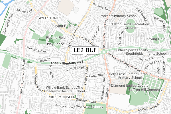 LE2 8UF map - small scale - OS Open Zoomstack (Ordnance Survey)