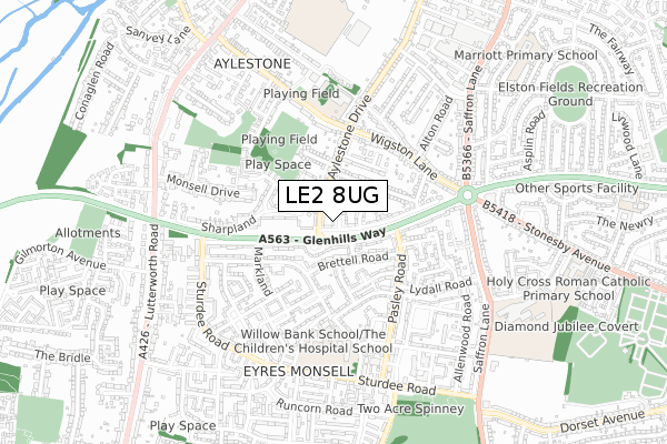 LE2 8UG map - small scale - OS Open Zoomstack (Ordnance Survey)