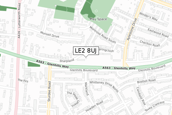LE2 8UJ map - large scale - OS Open Zoomstack (Ordnance Survey)