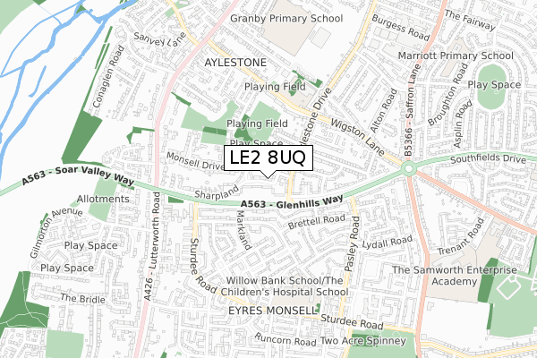 LE2 8UQ map - small scale - OS Open Zoomstack (Ordnance Survey)