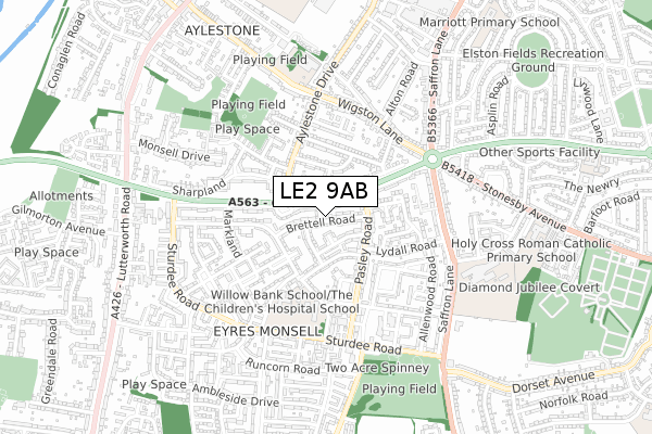 LE2 9AB map - small scale - OS Open Zoomstack (Ordnance Survey)