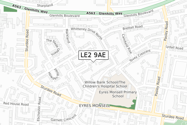 LE2 9AE map - large scale - OS Open Zoomstack (Ordnance Survey)