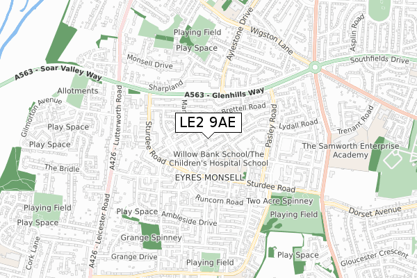 LE2 9AE map - small scale - OS Open Zoomstack (Ordnance Survey)