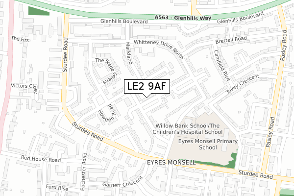 LE2 9AF map - large scale - OS Open Zoomstack (Ordnance Survey)