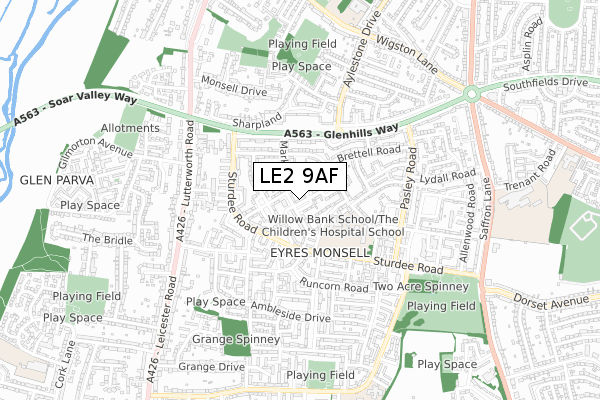 LE2 9AF map - small scale - OS Open Zoomstack (Ordnance Survey)