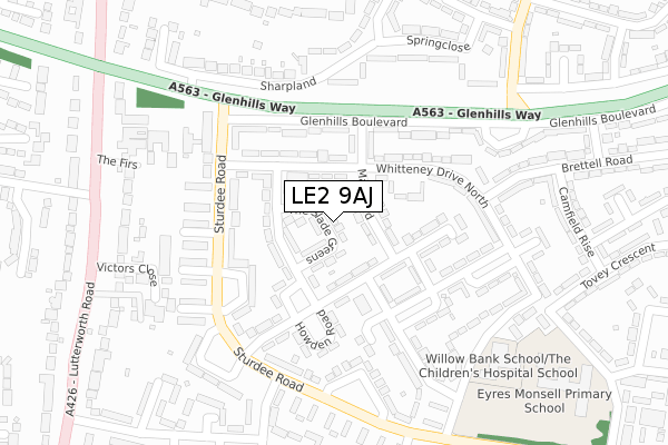 LE2 9AJ map - large scale - OS Open Zoomstack (Ordnance Survey)